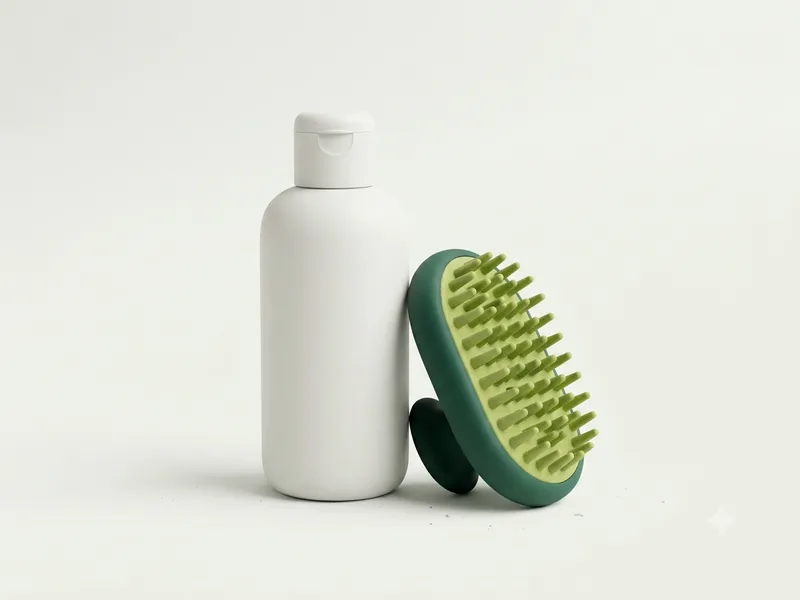 Shampoo blanco y cepillo verde